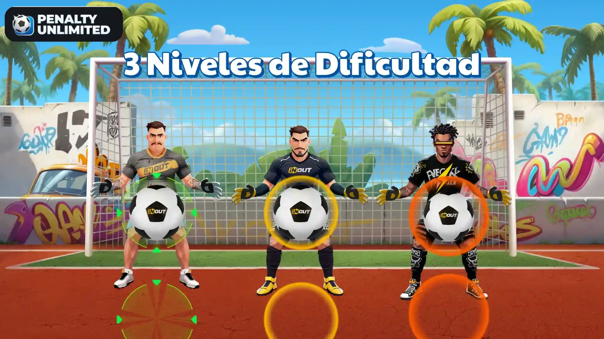 Se muestran 3 niveles de dificultad en Penalty Unlimited con porteros: Fácil, Medio y Difícil